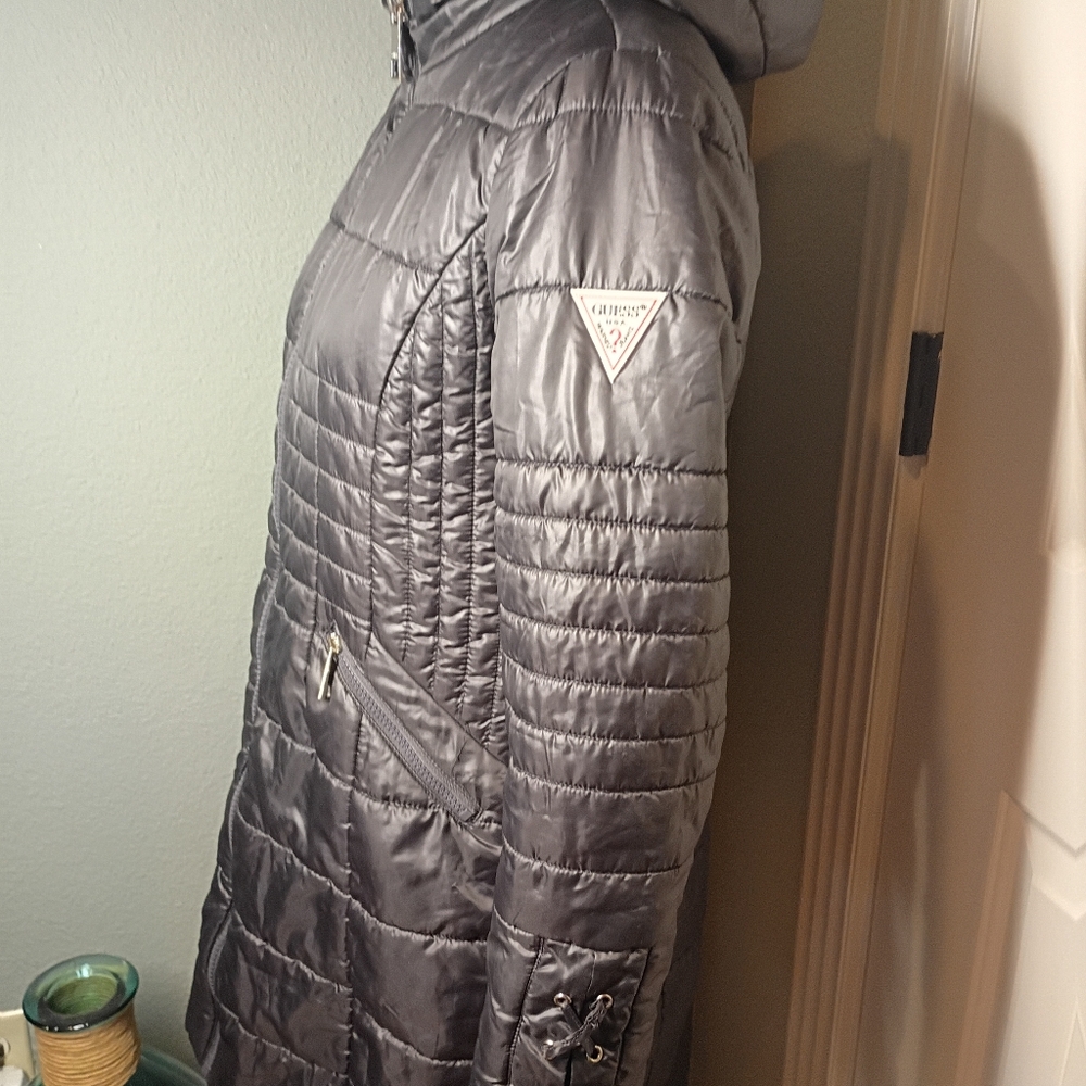 Guess Long Black Puffer Coat W/ Hood - New - Small - Picture 5 of 10